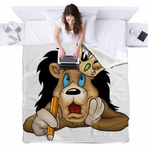 Lion With Pencil  - Highly Detailed Cartoon Illustration Blankets 5087174