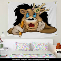 Lion With Pencil  - Highly Detailed Cartoon Illustration Wall Art 5087174