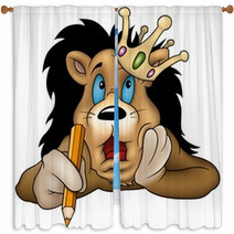 Lion With Pencil  - Highly Detailed Cartoon Illustration Window Curtains 5087174