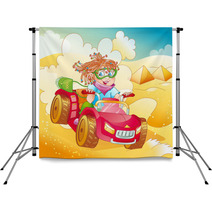 Little Girl Riding Quad Bike On Desert (vector) Backdrops 41682605