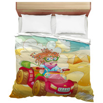 Little Girl Riding Quad Bike On Desert (vector) Bedding 41682605
