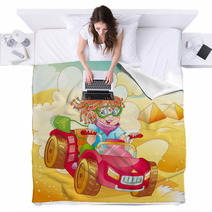 Little Girl Riding Quad Bike On Desert (vector) Blankets 41682605