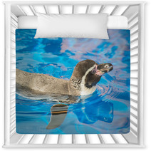 Little Penguin Swimming In Blue Water. Nursery Decor 72678599