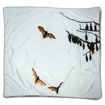 Little Red Flying-foxes Roosting On A Tree And In Flight. Blankets 94047359