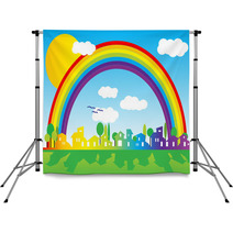 Little Village Silhouette With Rainbow And Clouds Backdrops 11456682