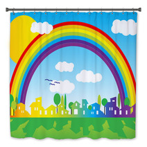 Little Village Silhouette With Rainbow And Clouds Bath Decor 11456682