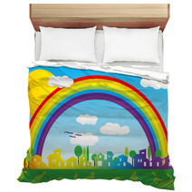 Little Village Silhouette With Rainbow And Clouds Bedding 11456682