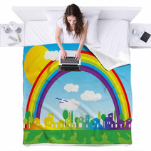 Little Village Silhouette With Rainbow And Clouds Blankets 11456682