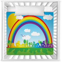 Little Village Silhouette With Rainbow And Clouds Nursery Decor 11456682