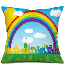 Little Village Silhouette With Rainbow And Clouds Pillows 11456682
