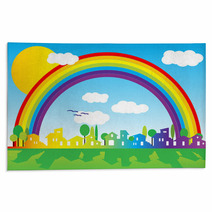 Little Village Silhouette With Rainbow And Clouds Rugs 11456682