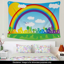 Little Village Silhouette With Rainbow And Clouds Wall Art 11456682