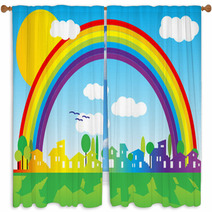 Little Village Silhouette With Rainbow And Clouds Window Curtains 11456682