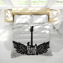 Logo With The Electric Guitar And The Words Rock And Roll With Wings Bedding 131988912