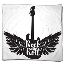 Logo With The Electric Guitar And The Words Rock And Roll With Wings Blankets 131988912