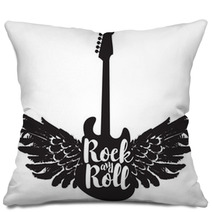 Logo With The Electric Guitar And The Words Rock And Roll With Wings Pillows 131988912