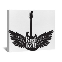 Logo With The Electric Guitar And The Words Rock And Roll With Wings Wall Art 131988912