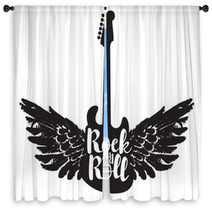Logo With The Electric Guitar And The Words Rock And Roll With Wings Window Curtains 131988912