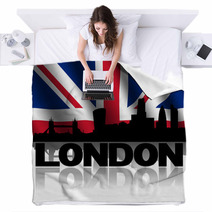 London Skyline Text Reflected British Flag Illustration Blankets 64101157