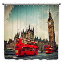 London, The UK. Red Bus In Motion And Big Ben Bath Decor 61905706