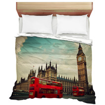 London, The UK. Red Bus In Motion And Big Ben Bedding 61905706