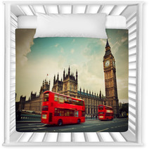 London, The UK. Red Bus In Motion And Big Ben Nursery Decor 61905706
