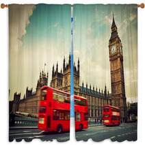 London, The UK. Red Bus In Motion And Big Ben Window Curtains 61905706