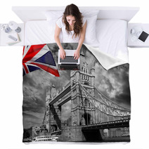 London Tower Bridge With Colorful Flag Of England Blankets 40710661