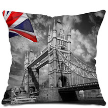 London Tower Bridge With Colorful Flag Of England Pillows 40710661