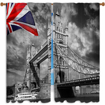 London Tower Bridge With Colorful Flag Of England Window Curtains 40710661