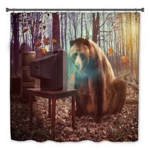 Lonely Bear Watching Television In Woods Bath Decor 60889070