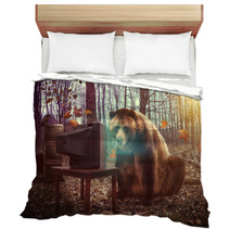 Lonely Bear Watching Television In Woods Bedding 60889070