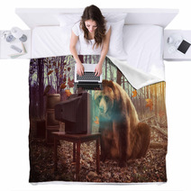 Lonely Bear Watching Television In Woods Blankets 60889070