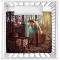 Lonely Bear Watching Television In Woods Nursery Decor 60889070