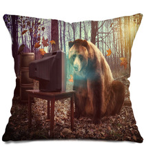 Lonely Bear Watching Television In Woods Pillows 60889070