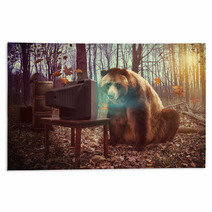 Lonely Bear Watching Television In Woods Rugs 60889070