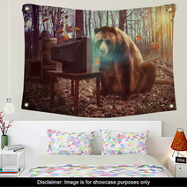 Lonely Bear Watching Television In Woods Wall Art 60889070