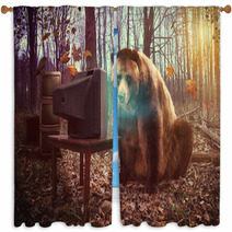 Lonely Bear Watching Television In Woods Window Curtains 60889070