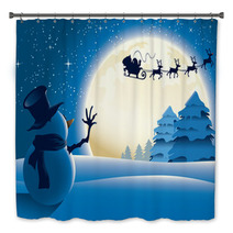 Lonely Snowman Waving To Santa Sleigh Bath Decor 27394920