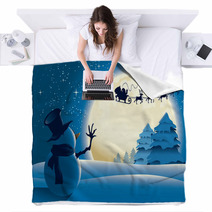 Lonely Snowman Waving To Santa Sleigh Blankets 27394920