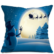 Lonely Snowman Waving To Santa Sleigh Pillows 27394920