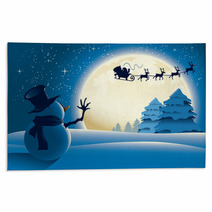 Lonely Snowman Waving To Santa Sleigh Rugs 27394920