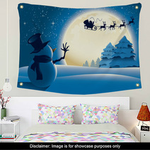Lonely Snowman Waving To Santa Sleigh Wall Art 27394920