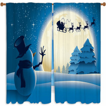 Lonely Snowman Waving To Santa Sleigh Window Curtains 27394920