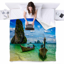 Long Tail Boats On Beach, Thailand Blankets 92880077