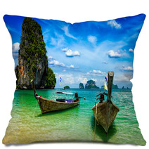 Long Tail Boats On Beach, Thailand Pillows 92880077