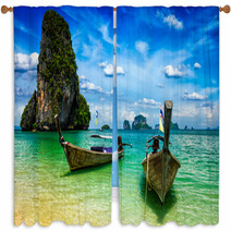 Long Tail Boats On Beach, Thailand Window Curtains 92880077