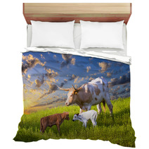 Longhorn Cow And Calves Grazing At Sunrise Bedding 67513605