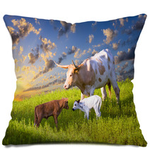 Longhorn Cow And Calves Grazing At Sunrise Pillows 67513605