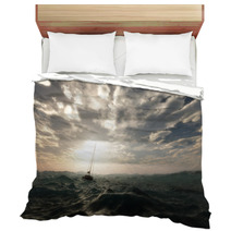 Lost Sailing Boat In Wild Stormy Ocean. Cloudy Sky. Bedding 66789926